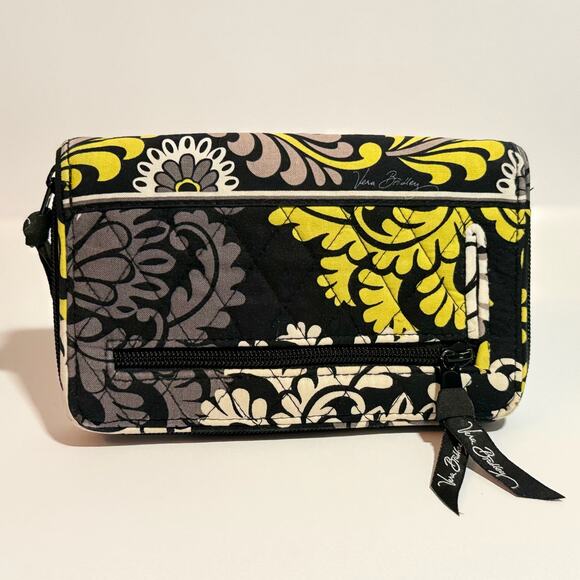 🖤 Vera Bradley Turn Lock Wallet Baroque Floral Quilted Fabric Black Yellow Gray - Picture 4 of 9